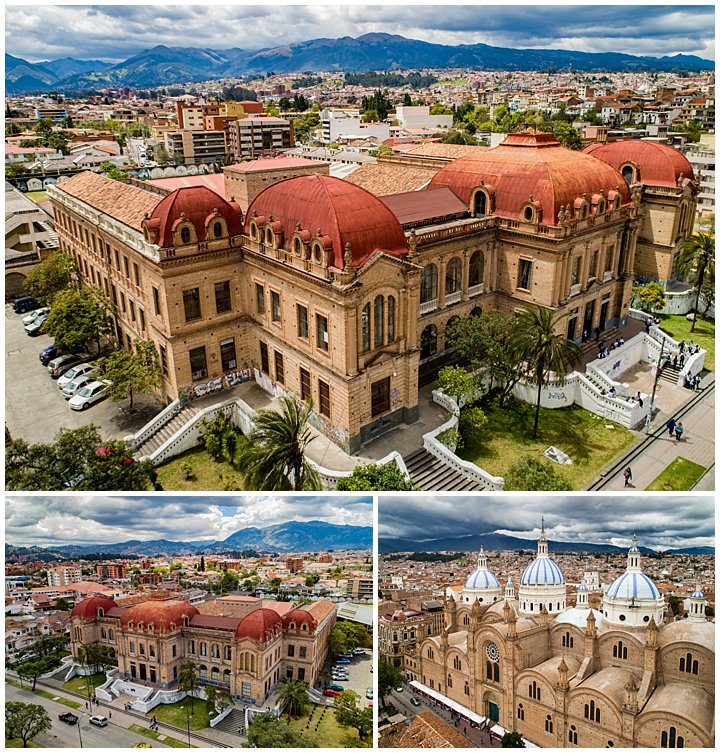 Benigno Malo Collegio (high school) and New Cathedral shown from drone